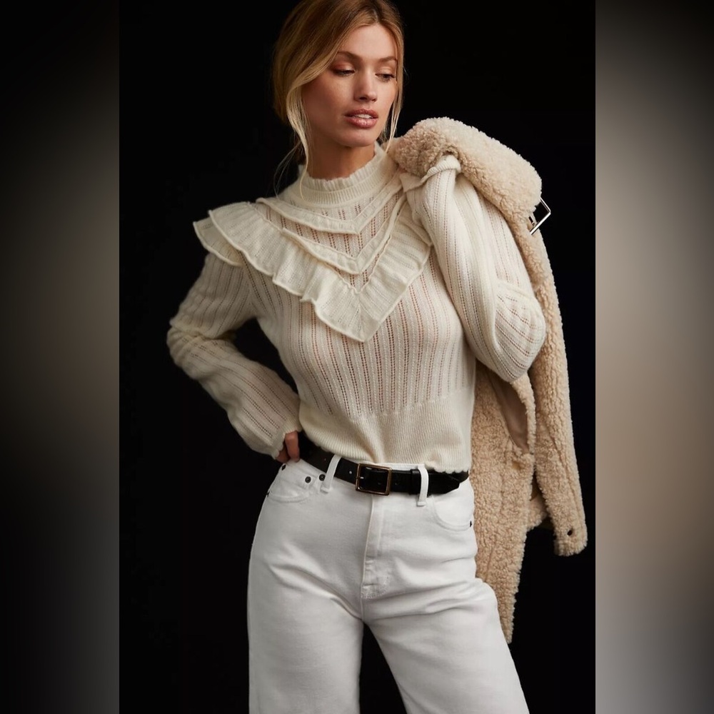 Anthropologie Victoria Cashmere Floral Ruffle Sweater